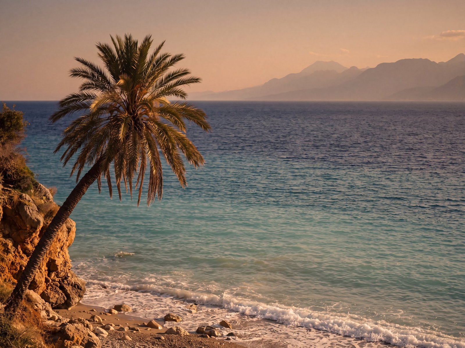 Palm over a turquoise Mediterranean cove in Antalya at golden hour, Taurus mountains on the horizon